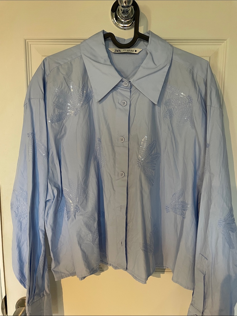 Zara cropped Pale Blue Sequin Embellished Button-Down Shirt